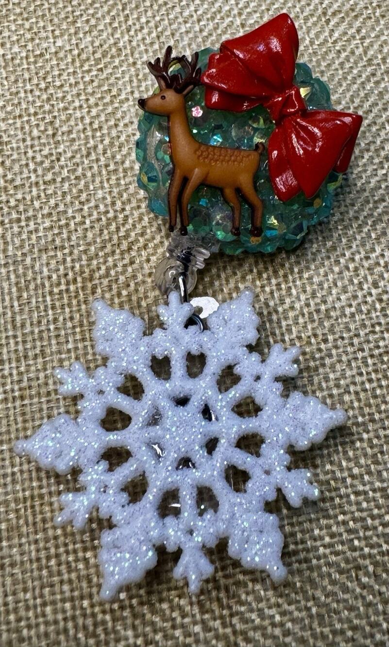 Christmas Deer and Bow Retractable Badge Reel ID Badge Holder Handmade